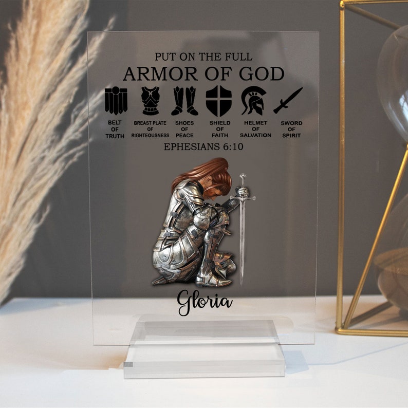 Personalized Woman Warrior Ponytail, Personalized Warrior of God Put OnThe Full Armor Of God Ephesians 6:10 Acrylic Plaque, Inspiration Gift image 5