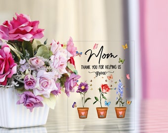 Mom Thank You For Help Us Grow Flower Heads with Personalised Names Stems Gift for Grandma, Nan, Nanny Mothers Day Heart Acrylic Plaque