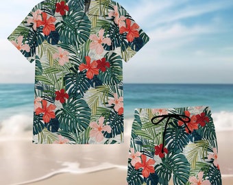 Floral Tropic Hawaii Hemd | Blätter Herren Hawaiihemd | Vintage Hawaiihemden | Kurzarm Button Down Shirt | Vintage Bluse mit Blumenmuster