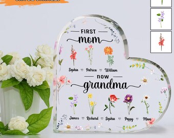 Personalised Birth Flowers Print, Flower Heads with Personalised Names Stems Gift for Grandma, Nan, Nanny Mothers Day Heart Acrylic Plaque