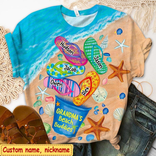 Grandma's Beach Buddies Summer Flip Flop Personalized 3D T-shirts, Gift For You,Gift For Family, Gift For Grandma ,Mom,Custom 3D T shirt