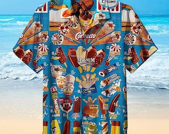 Camisa hawaiana Helado Camisas hawaianas Camisa hawaiana para hombre, Camisa hawaiana vintage de los años 90 Ice Cream Beach, Playa de helado, Camisa de helado