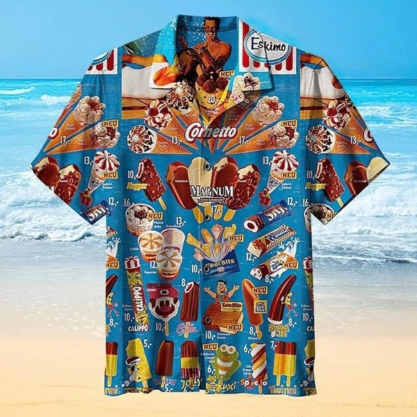 Hawaiihemd Eiscreme Hawaiihemden Herren Hawaiihemd, Vintage 90er Jahre Eiscreme Strand Hawaiihemd, Eis am Strand, Eis Hemd