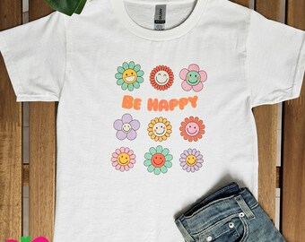 Happy Daisy Flowers T-shirt - Groovy Flowers with Smiley Faces, Retro "Be Happy" Shirt, Toddler and Youth Tee, Kids Graphic Tee