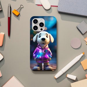 Pode incluir: Um cão branco de desenho animado vestindo uma jaqueta iridescente roxa e azul. O cão tem uma cauda branca e fofa e está em pé em um fundo azul e roxo. O cão está usando um chapéu branco e azul.