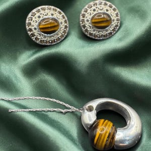 925 Silver Tigers Eye Jewelry Set: Modernist Necklace and Filigree topaz tigers eye Earrings