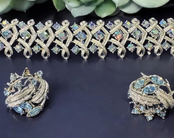 Vintage Coro AB silvertone bracelet and clip earring set.