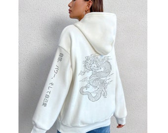 Japanese Dragon Hoodie - Japanese Words In Sleeves, Y2K Streetwear Aesthetic, Oversized Pinterest Sweatshirt, Confidence & Self-Love Apparel