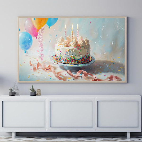 Happy Birthday | Oil Painting | Frame TV Art | Digital Download | Samsung Frame TV Art | Birthday Cake | Candles | Balloons | Party
