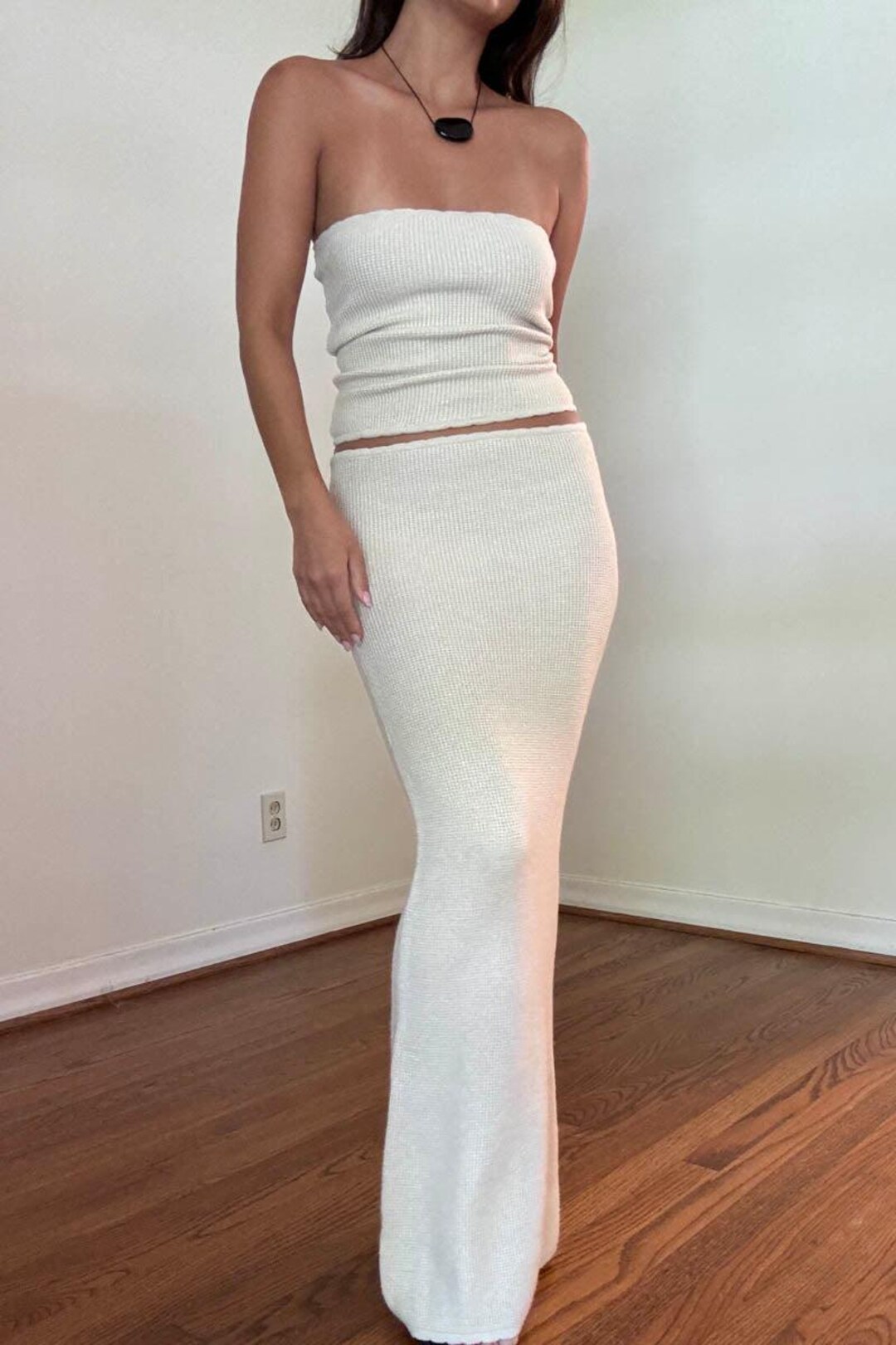 Backless self tie slit solid tube knitted maxi skirt set