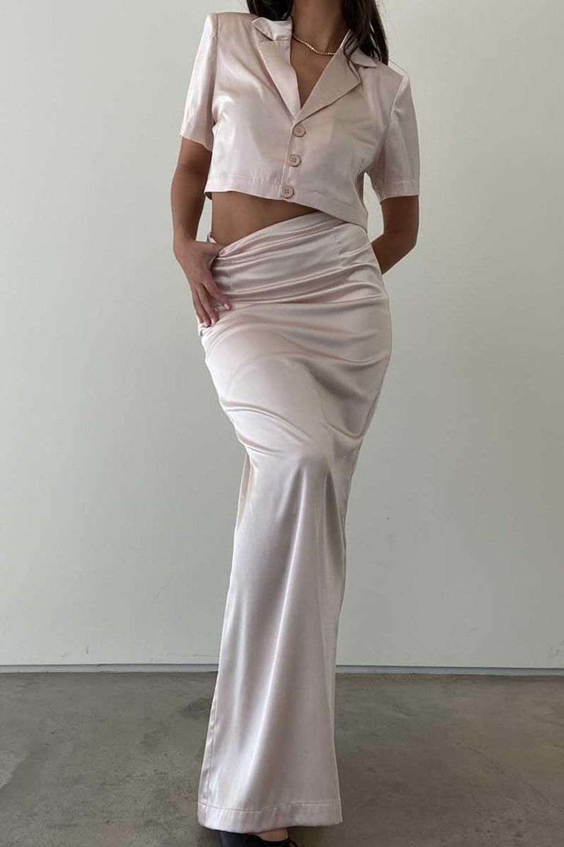Maxi Skirt And Crop Top Set 2 Parts Meredith Satin White main image 1