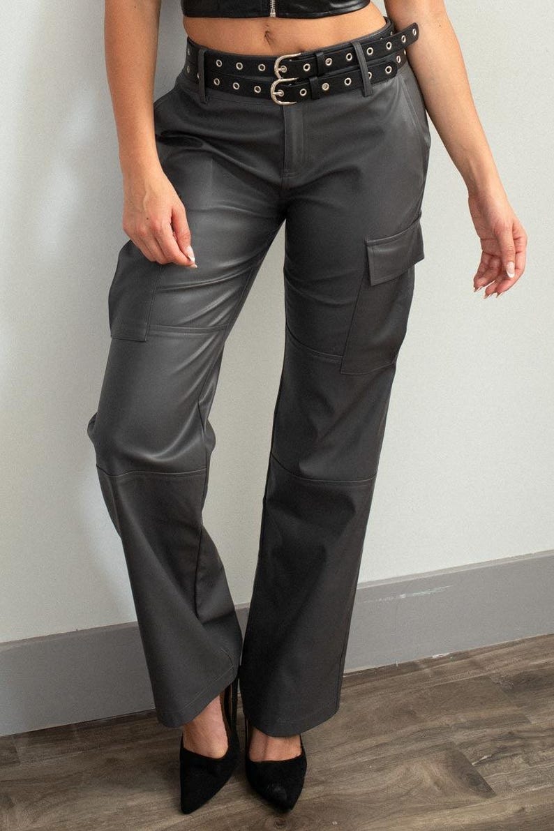 Beige Faux Leather Elastic Waist Cargo Pants
