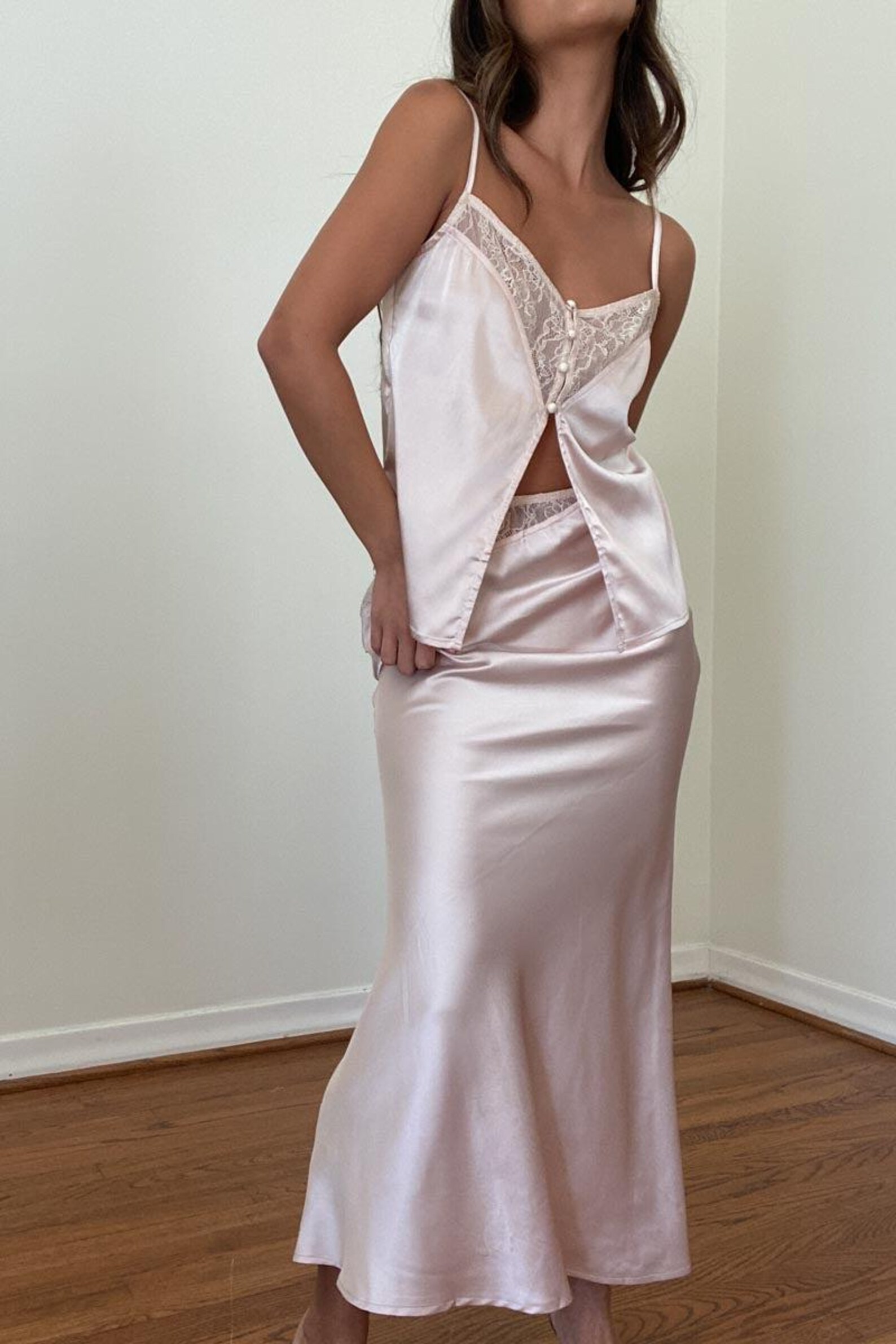 Lace Trim Button Front Cami and Skirt Set main image 1