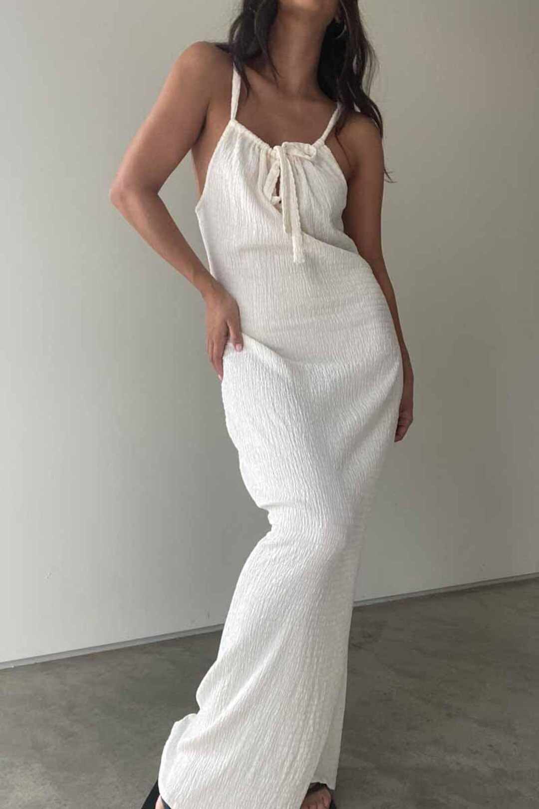 Elegant Casual White Dress Ruched Halter Neck Maxi Dress