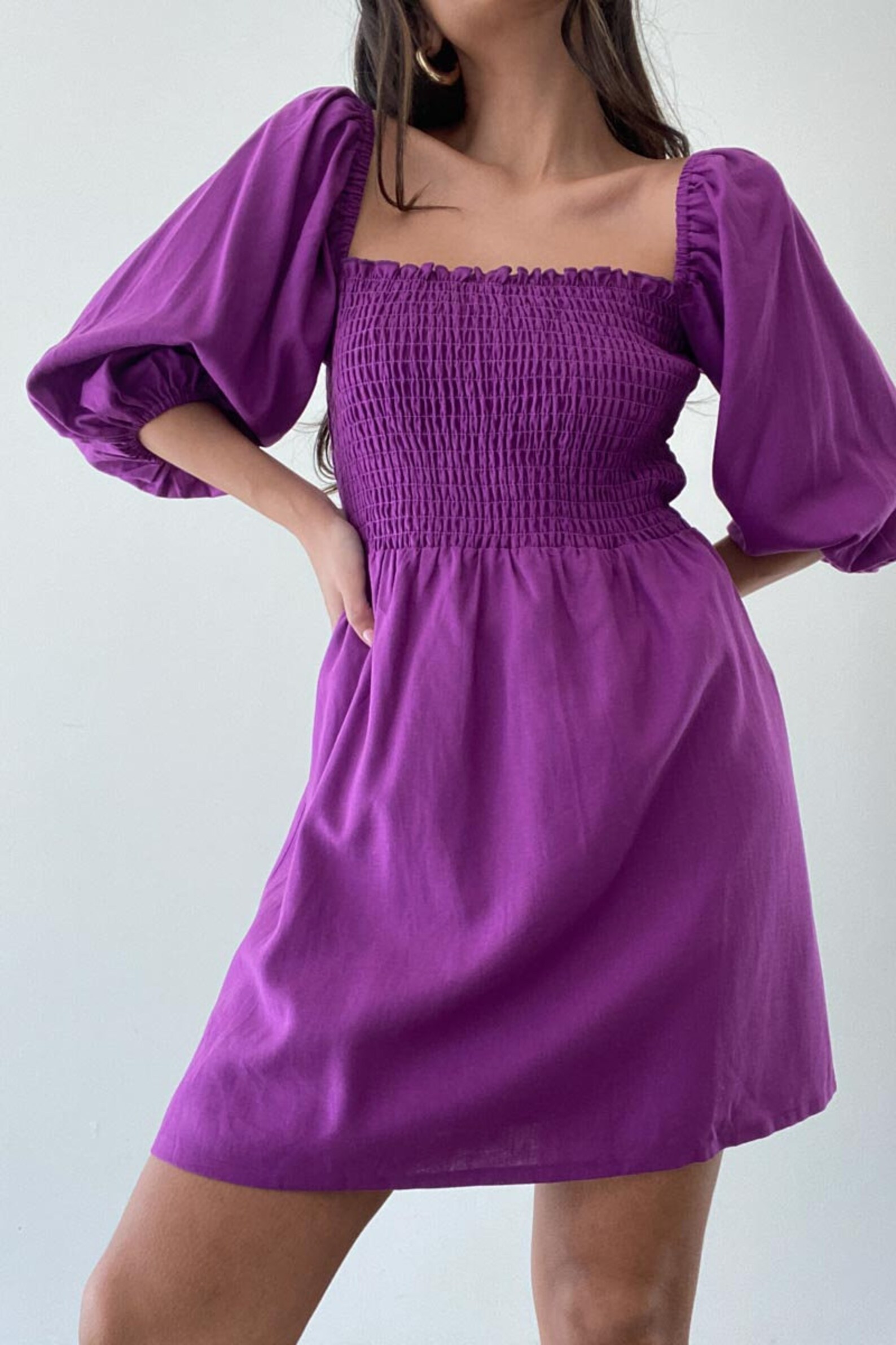 3/4 Puff Sleeve Linen Smocked Dress