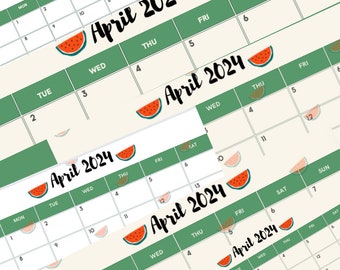 April 2024 Kalender PDF und PNG Vorlage, Sonntag und Montag Start, druckbarer April Kalender, Aktivitätskalender, Wassermelone Thema, Palästina