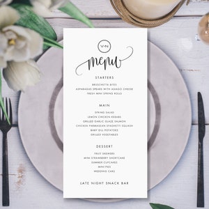 Szablon karty menu na kolację weselną 4"x8", edytowalny i do druku, klasyczny elegancki design na przyjęcie, konfigurowalny szablon Canva