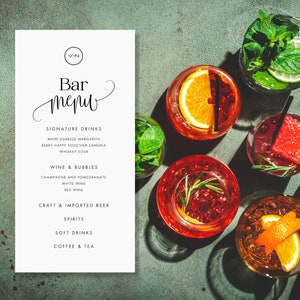 Karta menu baru weselnego 4"x8" W pełni edytowalny i możliwy do wydrukowania szablon Elegancki, ponadczasowy design dla Twoich wyborów napojów na weselach i imprezach