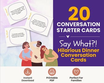 Funny Dinner Conversation Cards | 20 Printable Conversation Starters | Easy-Cut Family Game | Dinner Party Icebreaker | Instant PDF