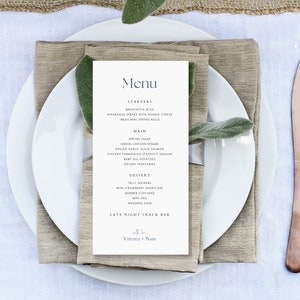 Elegante tarjeta de menú para la cena de bodas de 4" x 8" Plantilla totalmente editable e imprimible: diseño atemporal para bodas y eventos especiales
