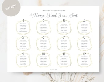 Wedding Seating Chart, 24" x 18" 12 Tables with 6 Guests at Each table, Printable Seating Chart Signage, Elegant Wedding Guest Seating Sign