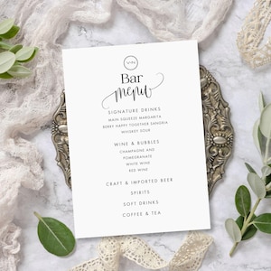 Karta menu na wesele, specjalne wydarzenia, każdą okazję, 5"x7" W pełni edytowalny i możliwy do wydrukowania szablon Ponadczasowy design dla Twoich wyborów napojów