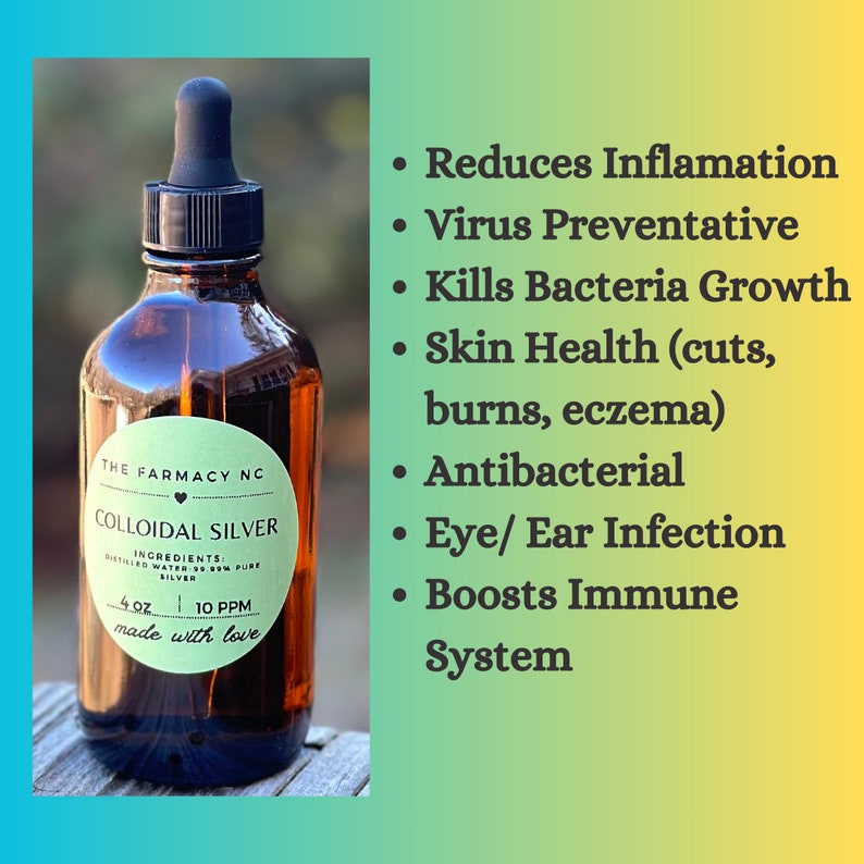 Puede incluir: Una botella de vidrio marr&oacute;n con un gotero, etiquetada "The Farmacy NC Colloidal Silver 4 oz 10 PPM made with love". La botella est&aacute; sobre una superficie de madera. El texto en la botella indica que los ingredientes son "Distilled Water 99.99% Pure Silver".