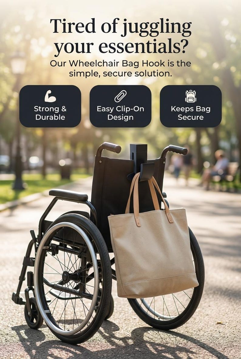 Wheelchair Bag hook Holds up to 20 lbs! For Fabric Wheelchairs image 1
