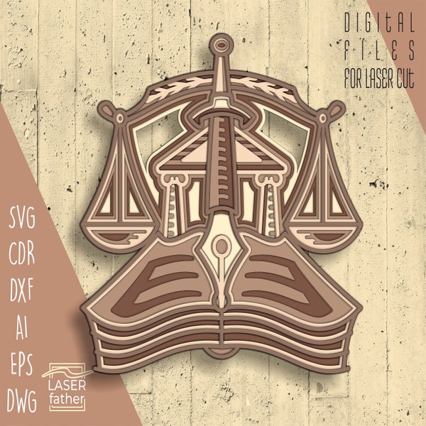 Justice 3D SVG For Laser Cuts, Multilayered DXf Files, Digital Download, Lawyer Art, Glowforge Layered Files, Paper Cutout Art
