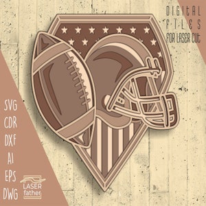 American Football 3D SVG File, Laser Cut, Multilayer Design, Sport Craft, Digital Download ai cdr dwg dxf eps, Cricut, Silhouette, Glowforge