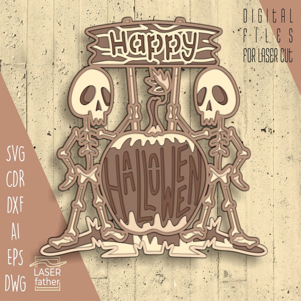 Happy Halloween 3D Layered SVG, Digital Download svg ai cdr eps png dwg dxf, Laser Cutting, Skeleton Art, Spooky Crafts, Pumpkin Decorations
