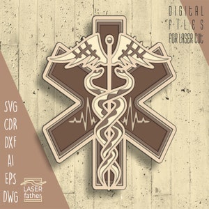 Caduceus 3D SVG For Laser Cuts, Medicine Art, Multilayered DXf Files, Digital Download, Medical Symbol PNG, Cricut, Glowforge File