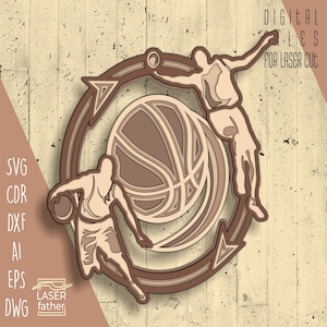 Basket-ball SVG pour découpes laser, Glowforge en couches, découpes de bois, fichiers en téléchargement numérique ai cdr eps dwg dxf, vecteurs de sport, Art Cricut