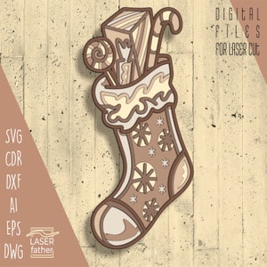 3D Layered Xmas Gifts SVG, Laser Cutting, Digital Download ai cdr eps dwg dxf files, Christmas Sock Decor, Sweets Art, Cricut Cut Files