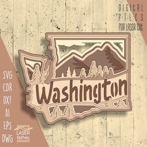 Washington staat SVG, berg lasergesneden bestand, digitale download, gelaagde sjablonen, kaartuitsparing, Cricut ontwerpen, Shadow Box Art