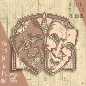 File SVG maschera teatrale per Cricut, design multistrato, download digitale ai cdr eps png dwg dxf, file di taglio laser, arte teatrale