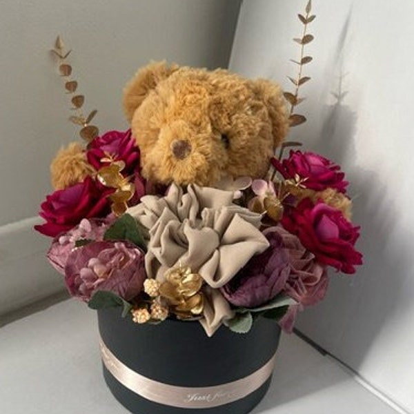 Teddy bear, Scarf bouquet, hijab bouquet, bouquets, bridal gifts, Islamic gifts, scarves.