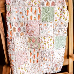 Bunny & Floral Easter Quilt | Rustic Baby Rag Quilt | Soft Cotton Patchwork Blanket | Handmade Heirloom Baby Gift | 40x45 Nursery Quilt