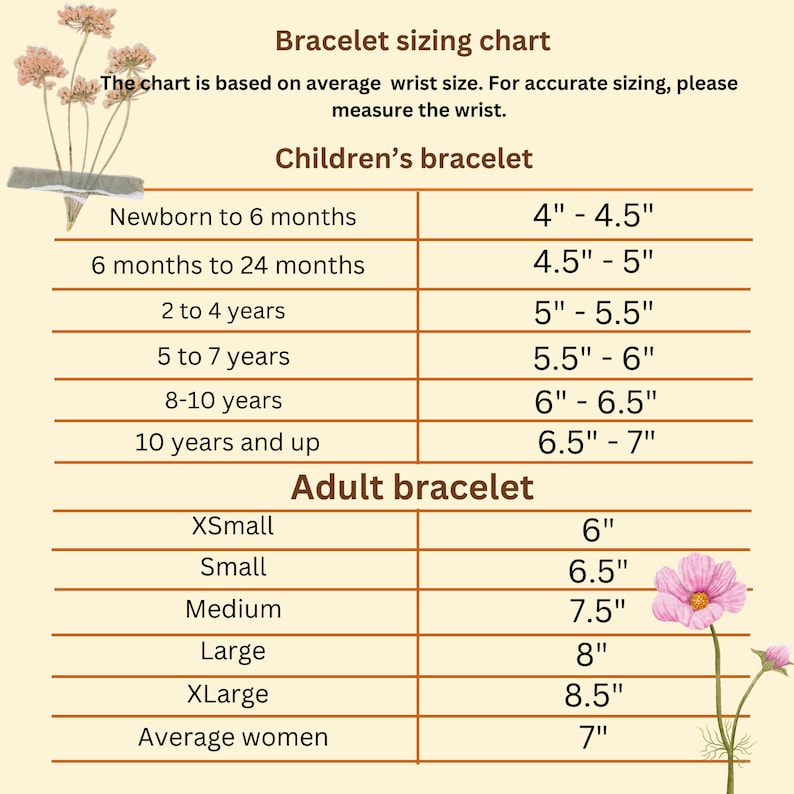 May include: A chart showing bracelet sizing for children and adults. The chart lists age ranges for children and wrist sizes in inches for adults. The chart is illustrated with a floral design.