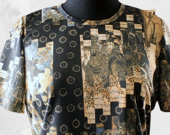 1970s vintage photo print shirt, crewneck poly top, mosaic collage figural, approx womens large xl