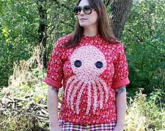 octopus sailor top, approx womens medium, upcycled vintage shirt