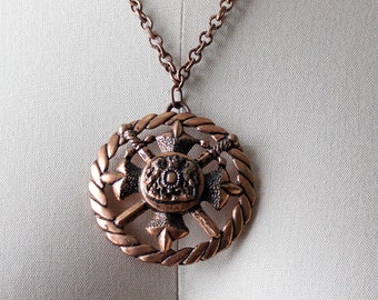 vintage copper medallion necklace . large sword and family crest pendant, coat of arms