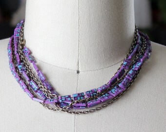 vintage 1960s flapper style necklace . purple plastic beads, long chain double strand 60s does 20s