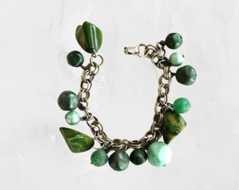 SALE vintage Bakelite charm bracelet, marbled spinach green