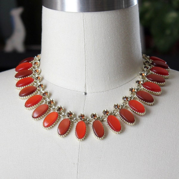 1960s vintage orange rhinestone & thermoset necklace, two tone orange thermo plastic