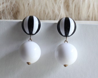 vintage dangle drop earrings, mod black and white stripes, posts for pierced ears, lightweight plastic