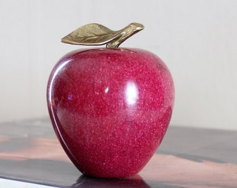 vintage red alabaster apple with brass stem and leaf, marble fruit paperweight