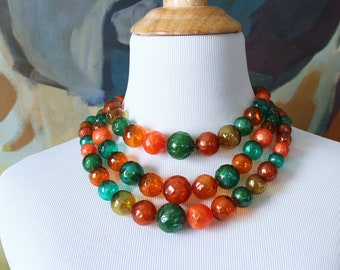 vintage bead strand necklace . 3 strand molded plastic fall harvest . chunky hollow orb necklace . 1950s 1960s jewelry . orange green & gold