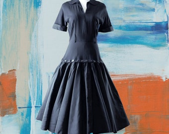 vintage 1950s dress, black rayon and taffeta drop waist, full skirt w/ button detail, Reich Original, 28" waist, approx small medium