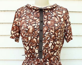 50s 60s vintage dress by Claire Tiffany Traveler, brown mid century mosaic print